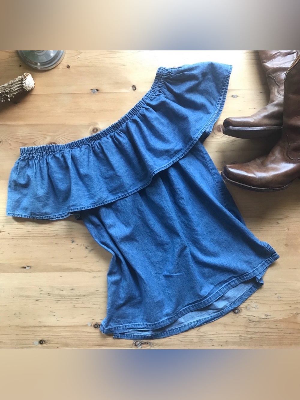 Cavalini Denim Collection M off the shoulder blouse chambray denim ruffle